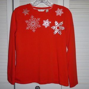 Liz C orange top with silver snowflakes Petite Med